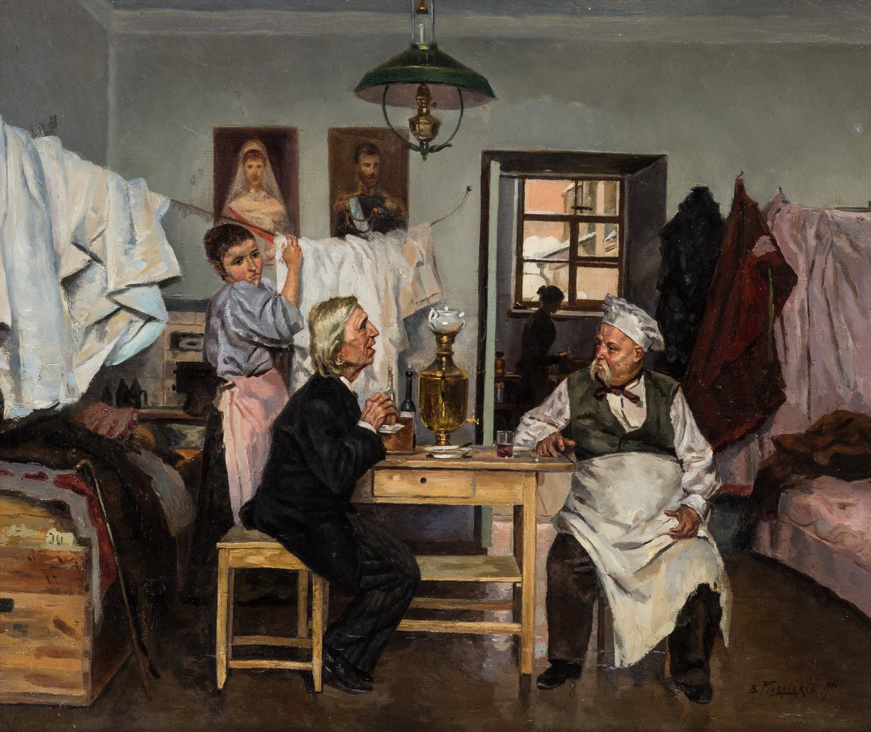 Przy samowarze, autorstwa Makowskiego, Władimir Jegorowicz (1846-1920). olej na płótnie autorstwa Vladimir Egorovic Makovsky
