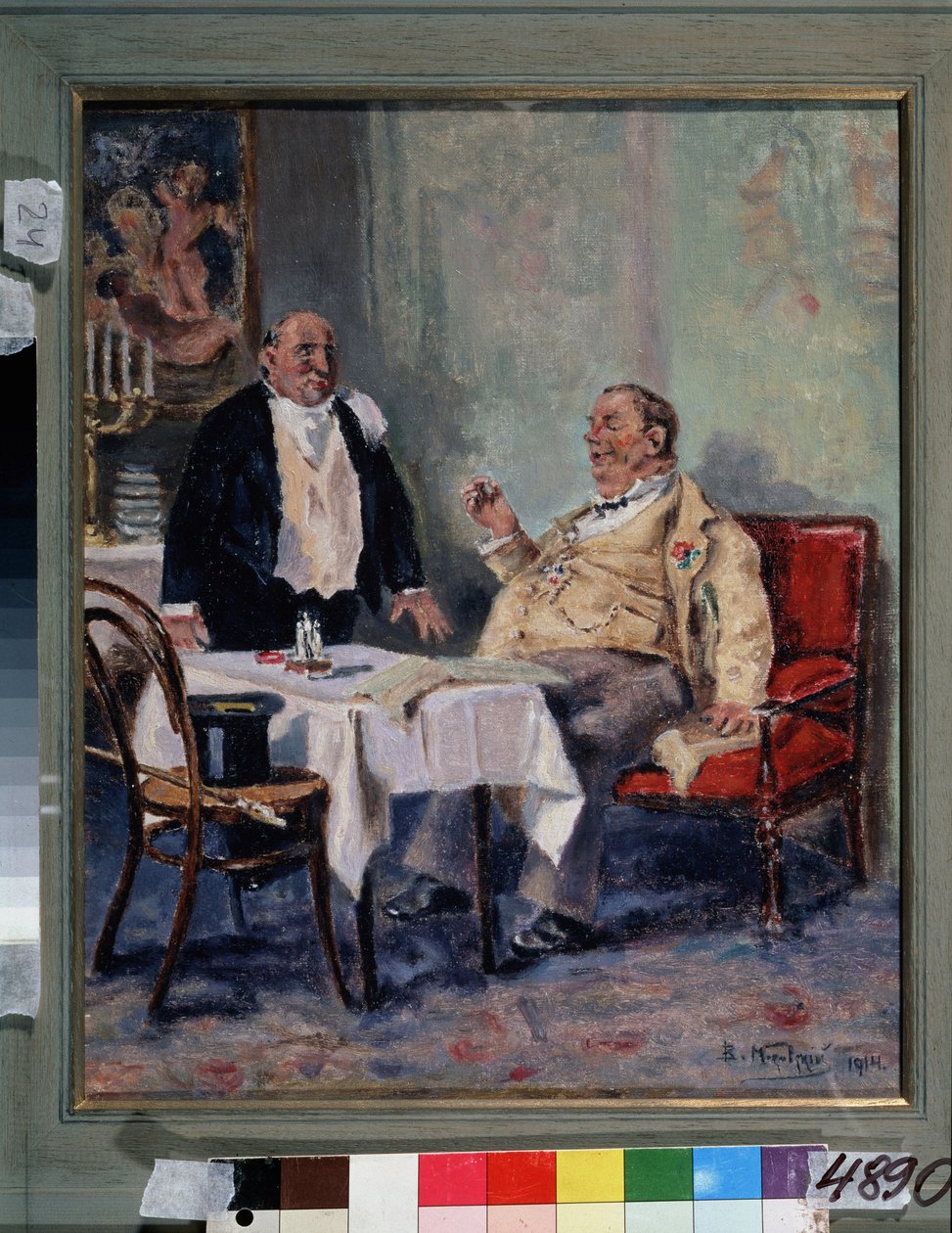 W restauracji (w restauracji). Otyły i zadowolony mężczyzna z kwiatkiem w butonierce gratuluje kelnerowi pod koniec kolacji. Obraz Władimira Jegorowicza Makowskiego (Makovsky, Makovskij) (1846-1920), olej na płótnie autorstwa Vladimir Egorovic Makovsky