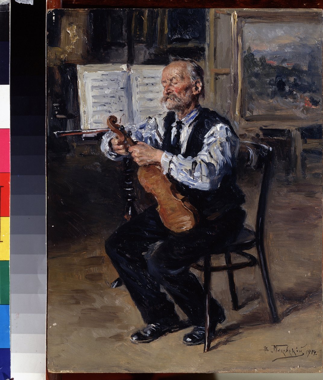 Lutnik (Lutnik). Rzemieślnik stroi skrzypce. Obraz Władimira Jegorowicza Makowskiego (Makovsky, Makovskij) (1846-1920), olej na płótnie autorstwa Vladimir Egorovic Makovsky