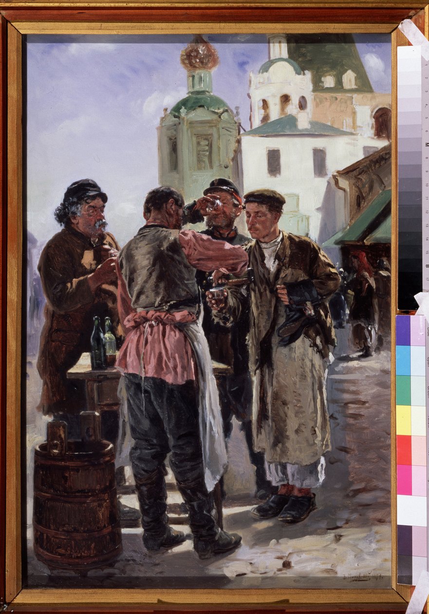 Sprzedawca Kwasu (Kwass) (Sprzedawca Kwasu). Napój fermentowany i gazowany, lekko alkoholowy i popularny, nazywany chlebowym piwem, rosyjski napój narodowy. Obraz Władimira Jegorowicza Makowskiego (Makovsky, Makovskij) (1846-1920), olej na płótnie autorstwa Vladimir Egorovic Makovsky