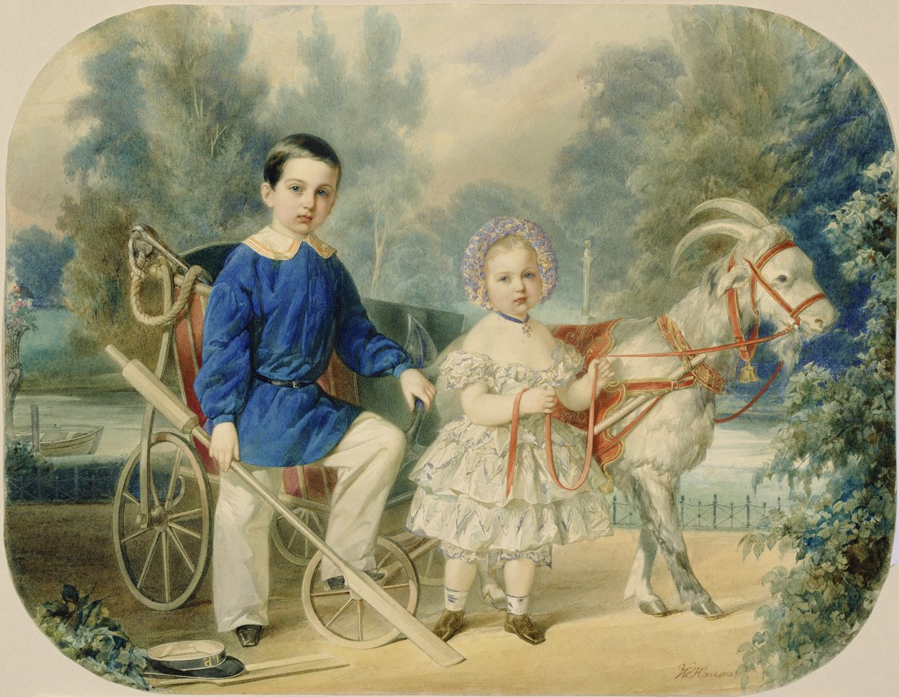 Wielki książę Aleksander i wielki książę Aleksiej jako dzieci, 1853 (wc na tekturze) autorstwa Vladimir Ivanovich Hau