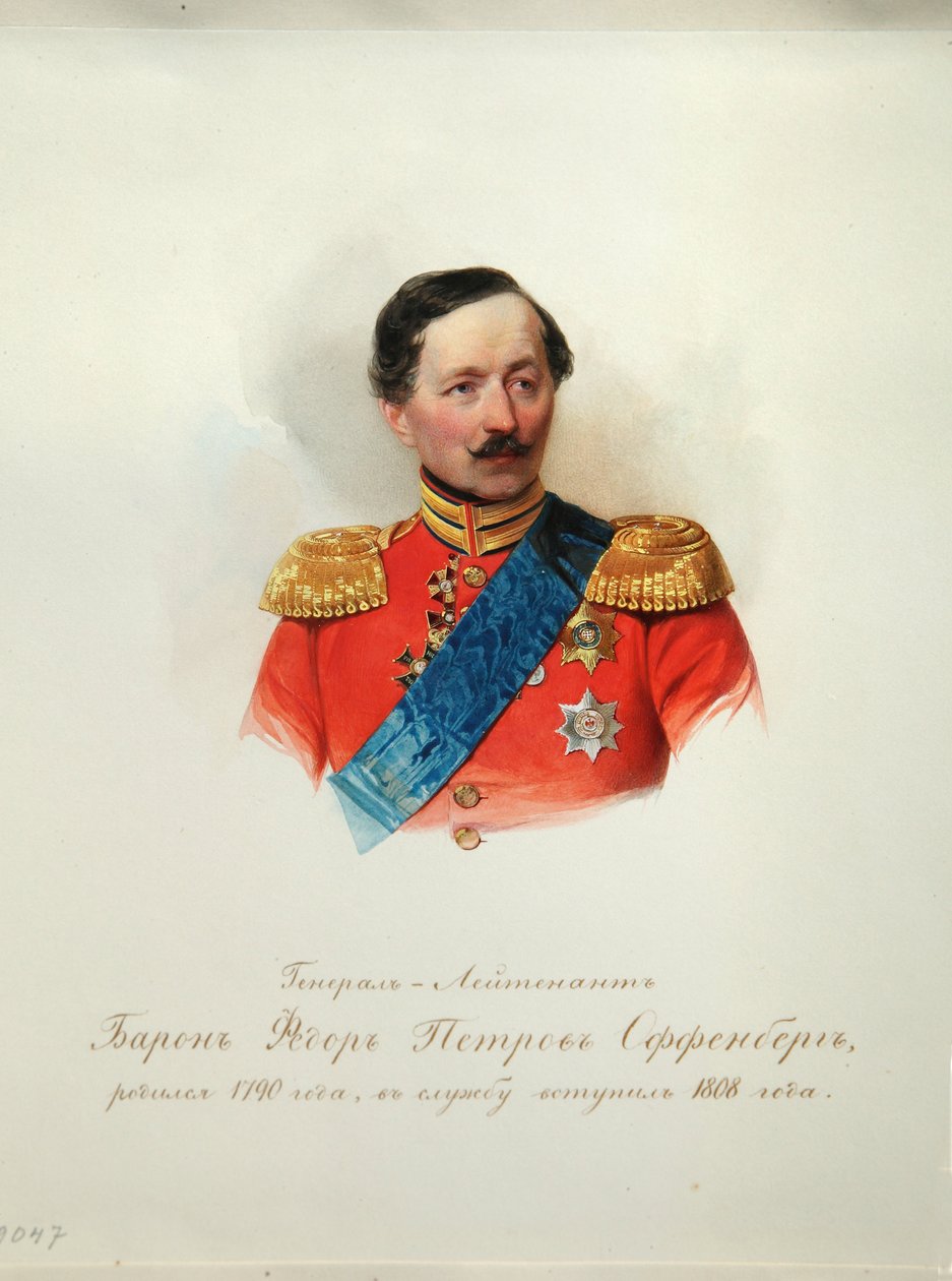 Portret generała barona Fiodora Pietrowicza von Offenberg (1789-1857) (Z albumu cesarskiej gwardii konnej) - Hau (Gau), Władimir Iwanowicz (1816-1895) - 1846-1849 - Akwarela na papierze - Instytut Literatury Rosyjskiej IRLI (Dom Puszkina), St Pete autorstwa Vladimir Ivanovich Hau