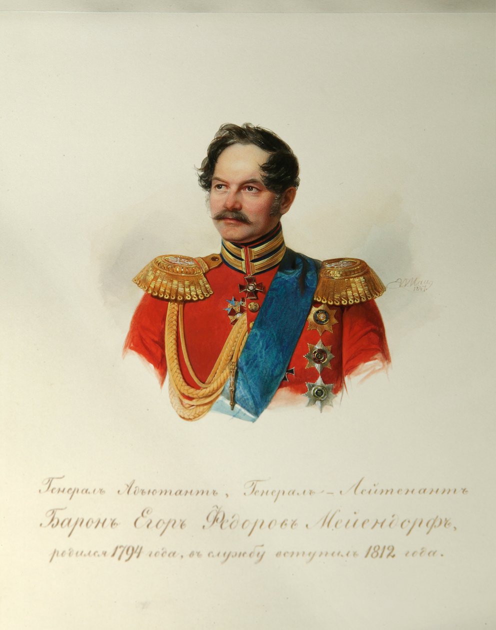 Portret generała Jegora Fiodorowicza Meiendorfa (1794-1879) (Z albumu cesarskiej gwardii konnej) - Hau (Gau), Władimir Iwanowicz (1816-1895) - 1846-1849 - Akwarela na papierze - Instytut Literatury Rosyjskiej IRLI (Puszkin) -Dom), Sankt Petersburg autorstwa Vladimir Ivanovich Hau