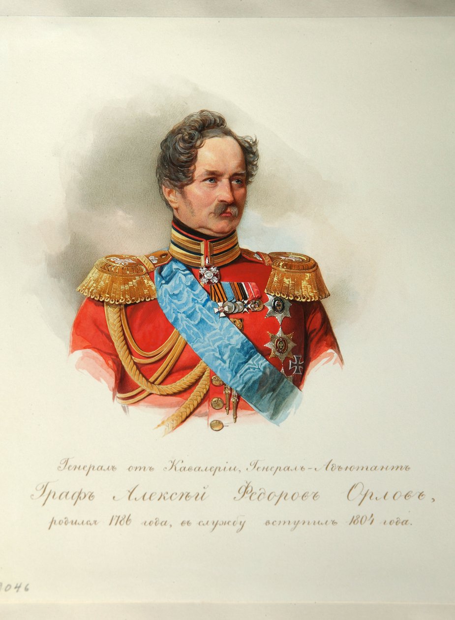 Portret księcia Aleksieja Fiodorowicza Orłowa (1787-1862) (z albumu cesarskiej gwardii konnej) - Hau (Gau), Władimir Iwanowicz (1816-1895) - 1846-1849 - Akwarela na papierze - Instytut Literatury Rosyjskiej IRLI (Puszkin -Dom), Sankt Petersburg autorstwa Vladimir Ivanovich Hau