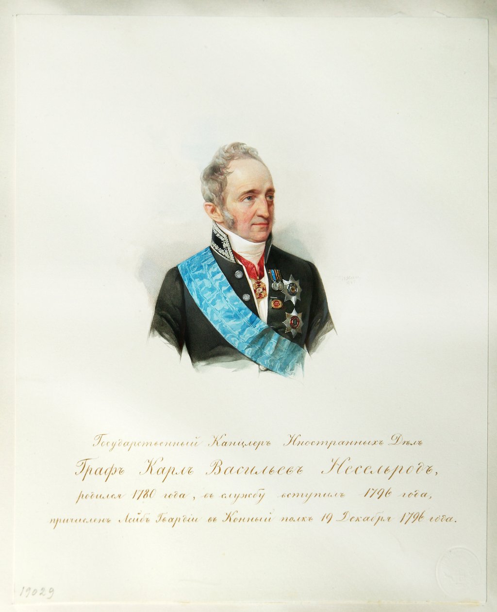 Portret kanclerza Imperium Rosyjskiego hrabiego Karola Roberta Nesselrode (1780-1862) (Z albumu konia cesarskiego - Hau (Gau), Władimir Iwanowicz (1816-1895) - 1846-1849 - Akwarela na papierze - Instytut Rosyjski Literatura IRLI (Puszkin-Ho autorstwa Vladimir Ivanovich Hau