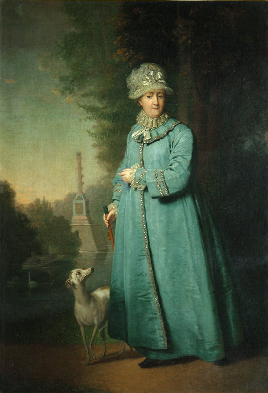 Katarzyna II spacerująca po parku przy Carskim Siole z Kolumną Czesme w tle, 1794 autorstwa Vladimir Lukich Borovikovsky