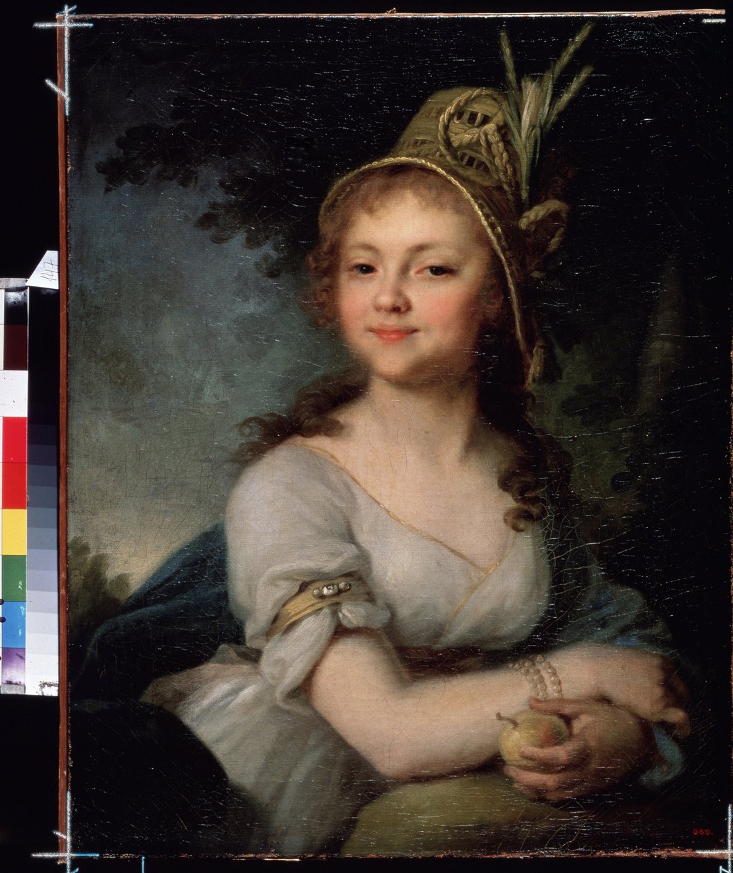 Portret Ekateriny Arseniewej. Ma kapelusz, bransoletki i trzyma owoc. (Portret Jekateriny Arseniewej). Obraz Władimira Lukicha Borowikowskiego (lub Borowikowskiego) (1757-1825). Olej na płótnie, ok. 1790, 71,5 x 56,5 cm, sztuka rosyjska, klasyka autorstwa Vladimir Lukich Borovikovsky
