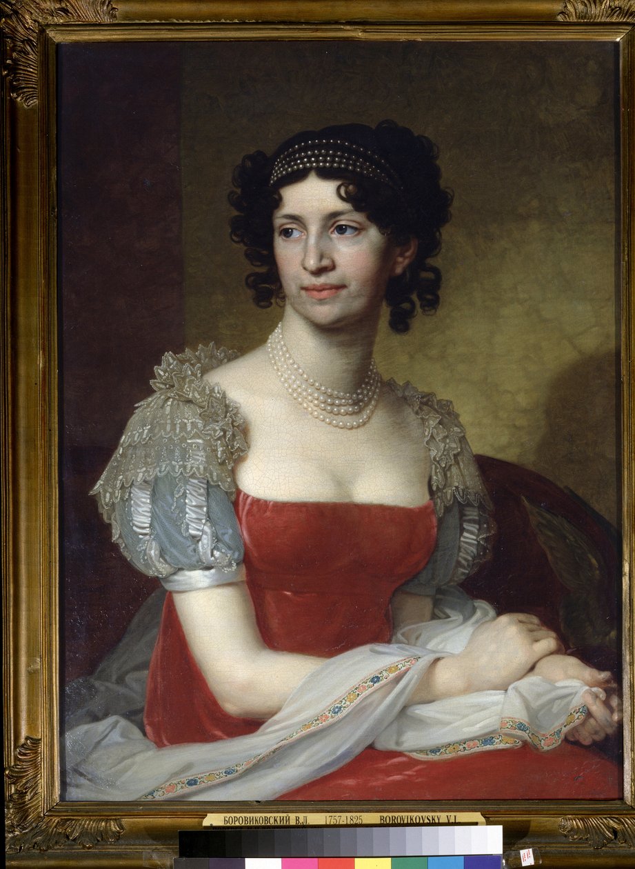 „„Portret księżniczki Margarity Dolgorukaya (1785-1814)”” Nosi naszyjnik z pereł i tiarę. Obraz Władimira Lukicha Borowikowskiego (lub Borowikowskiego) (1757-1825) 1785 Państwowa Galeria Tretiakowska, Moskwa autorstwa Vladimir Lukich Borovikovsky
