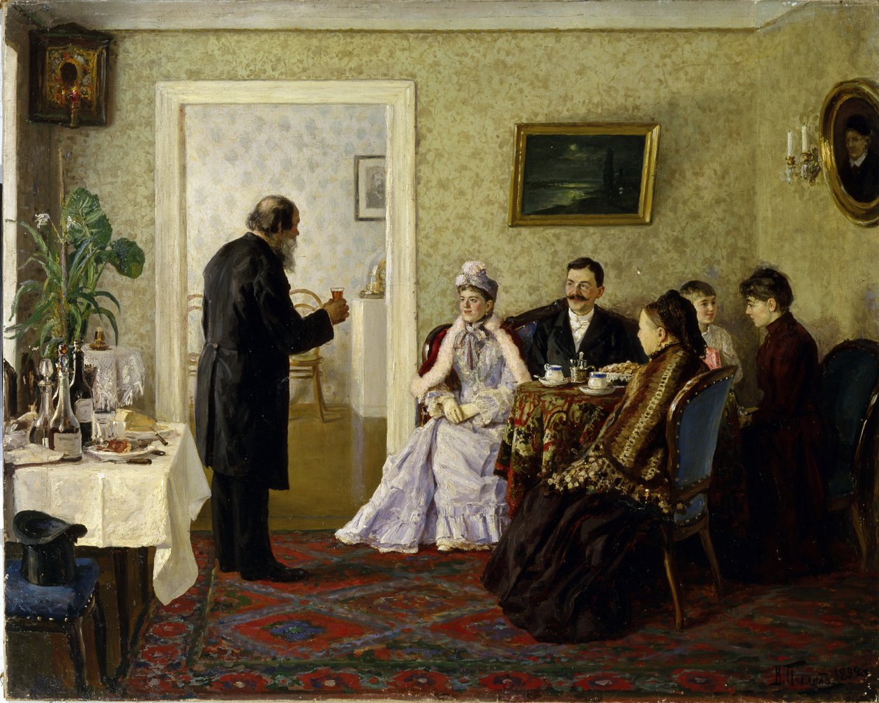 Nowożeńcy odwiedzający teścia. (Nowożeńcy odwiedzają teścia). Obraz Władimira Nikołajewicza Pchelina (1869-1941), olej na płótnie autorstwa Vladimir Nikolayevich Pchelin