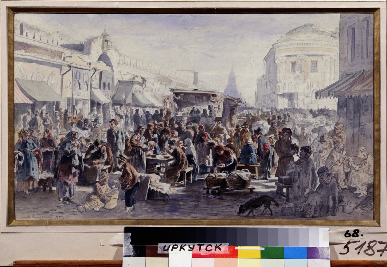 Pchli targ w Moskwie (Rosja) (rynek z drugiej ręki w Moskwie). Scena uliczna, z postaciami w poplamionych i połatanych ubraniach, jedni jedzą przy stołach przed barakiem, inni patrzą na oferowane towary, jeszcze inni się chowają autorstwa Vladimir Yegorovich Makovski