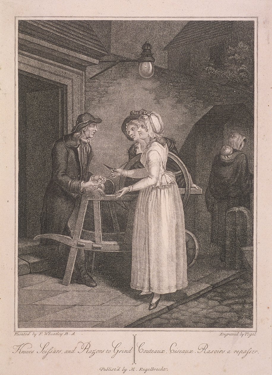 „Noże, nożyce i brzytwy do mielenia”, Cries of London, c1795 autorstwa Vogel