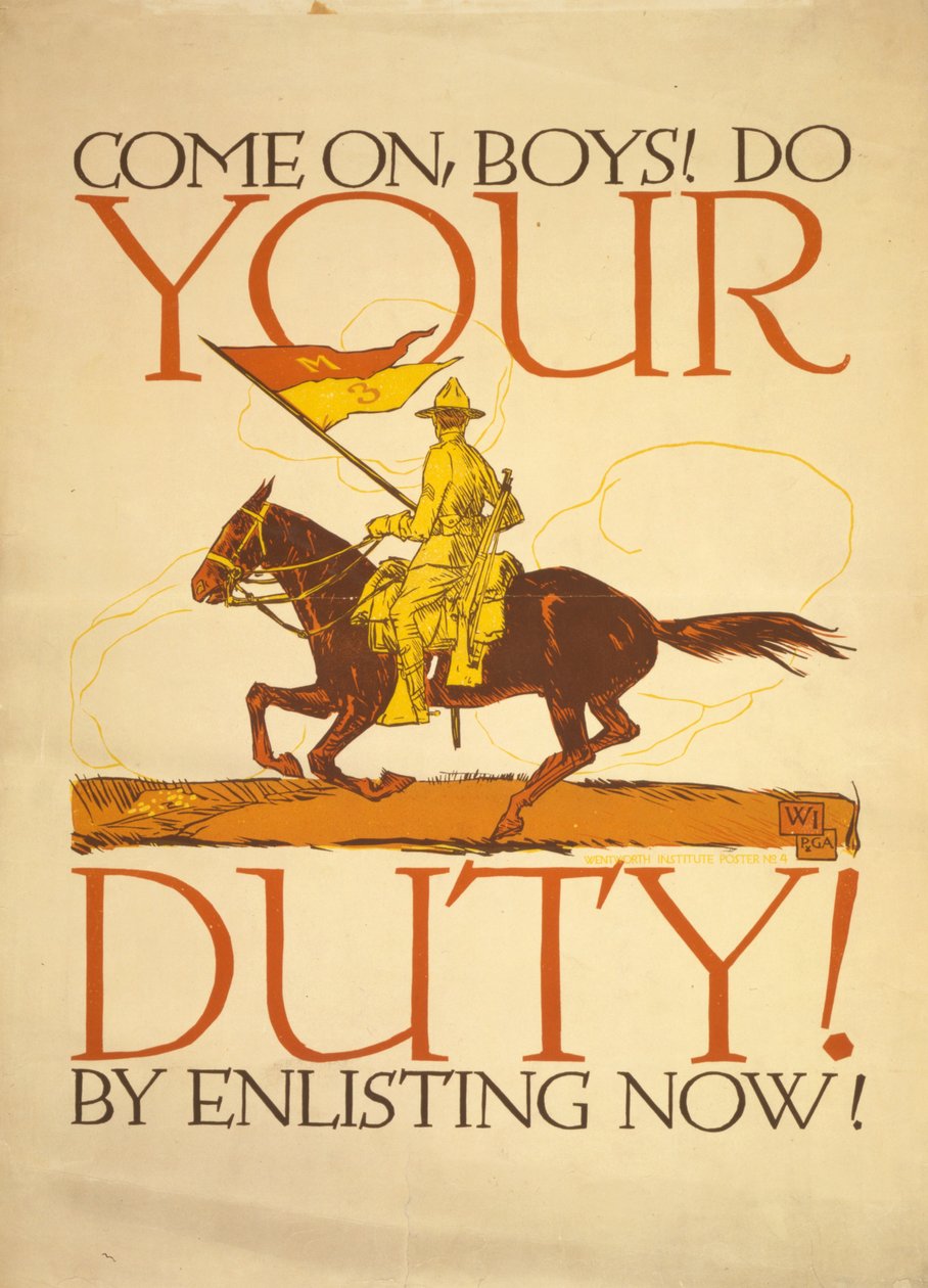 No dalej chłopcy! Wykonaj swój obowiązek! Zarejestruj się teraz! 1917 (kolorowy sitodruk) autorstwa Vojtch Preissig