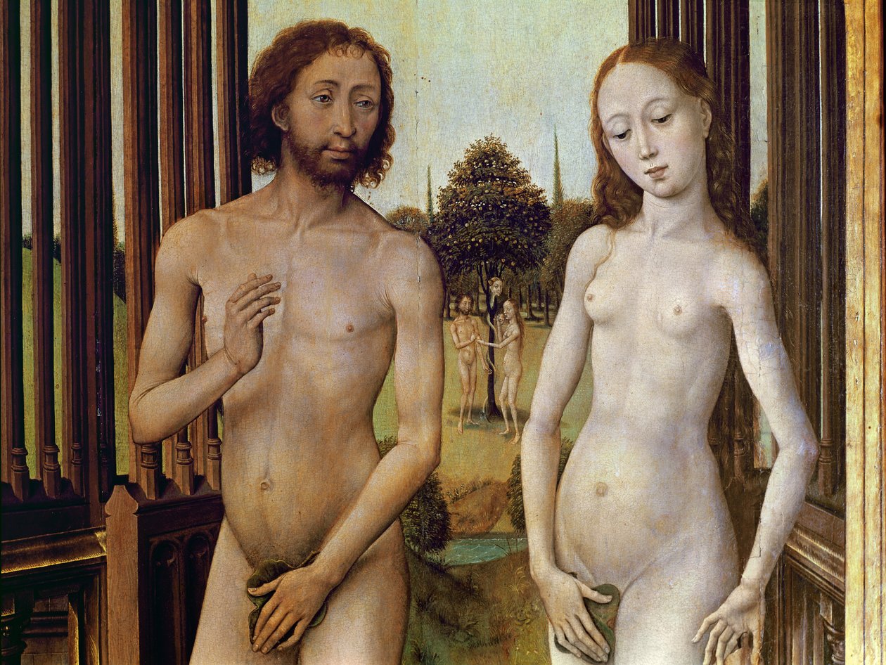 Adam i Ewa wygnani z Ogrodu Eden po tym, jak zostali kuszeni przez węża do zjedzenia jabłka, ok. 1460 (szczegóły z 488611) autorstwa Vrancke van der Stockt
