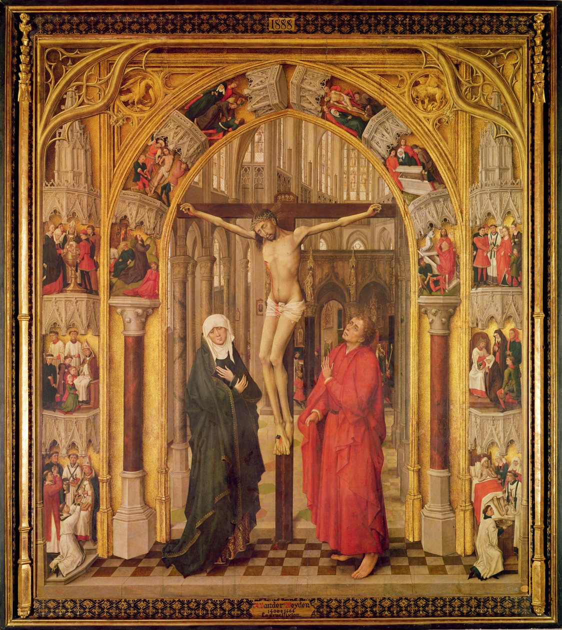 Chrystus na krzyżu, z Matką Boską i św. Janem pod łukiem z gotyckimi maswerkami prowadzącymi do kościoła, płycina środkowa z Tryptyku Odkupienia, ok. 1460 autorstwa Vrancke van der Stockt
