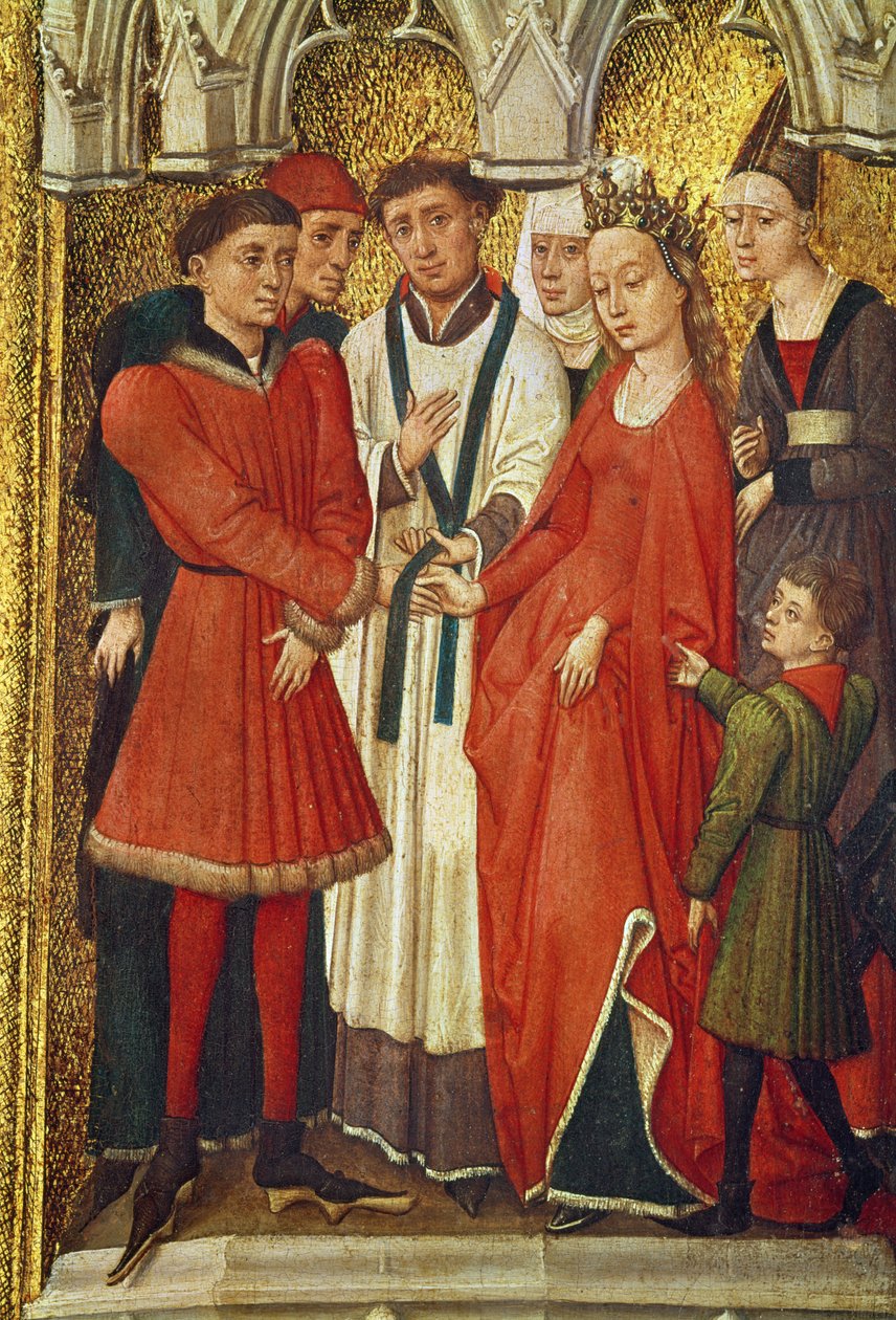 Tryptyk Odkupienia: Sakrament małżeństwa, z serii małych obrazów przedstawiających sakramenty otaczające centralny obraz Ukrzyżowania, ok. 1460 autorstwa Vrancke van der Stockt
