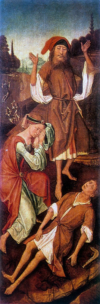 Adam i Ewa płaczą nad ciałem Able, c1440-1495. autorstwa Vrancke van der Stockt