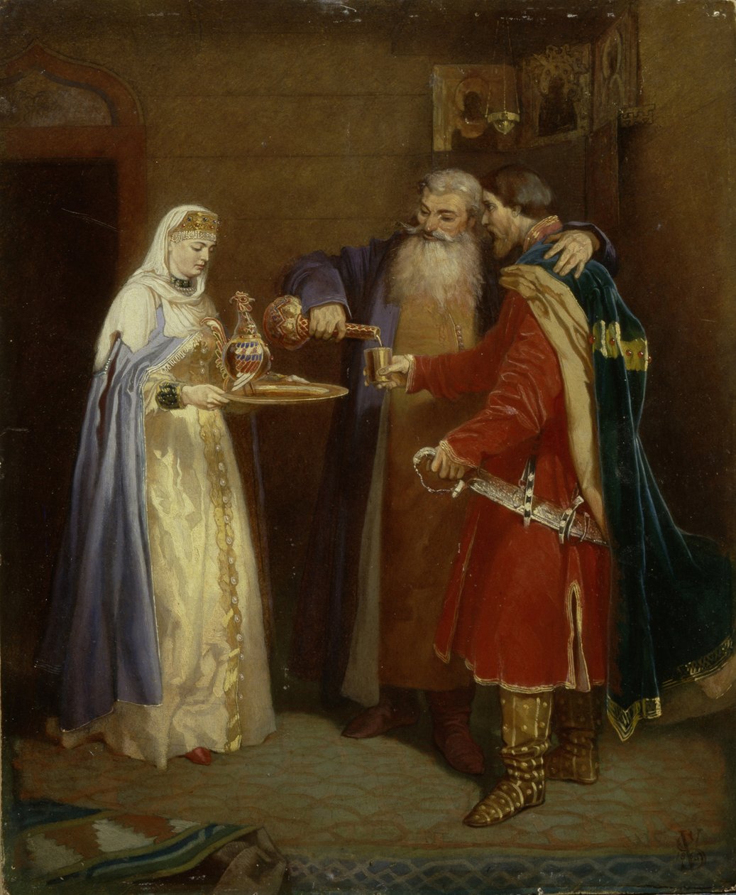 Powitanie Boyera Boyer Morozov odwiedza księcia Serebarena, 1865 autorstwa Vyacheslav Grigoryevich Schwarz