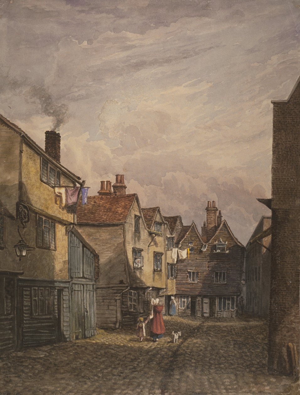 Widok kobiety i dziecka idących po sądzie koronnym, Bermondsey, ok. 1825 r. autorstwa W. Barker