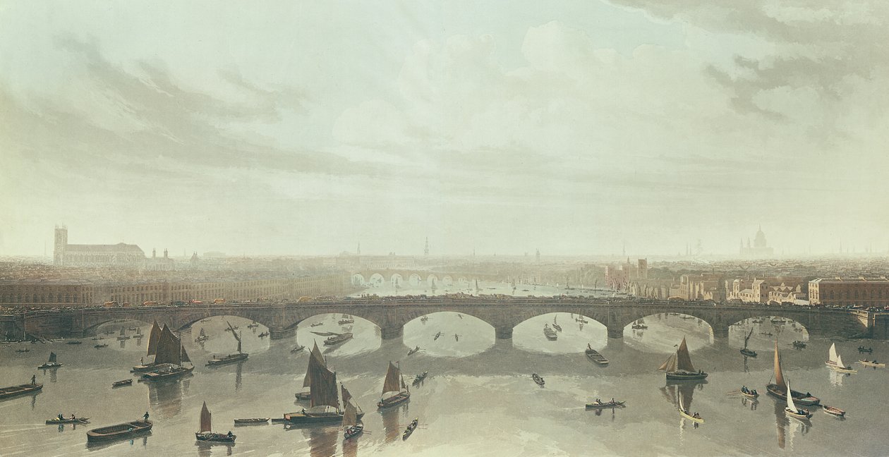 Widok na most budowany obecnie nad Tamizą w Vauxhall, 1810 r. autorstwa W Daniel