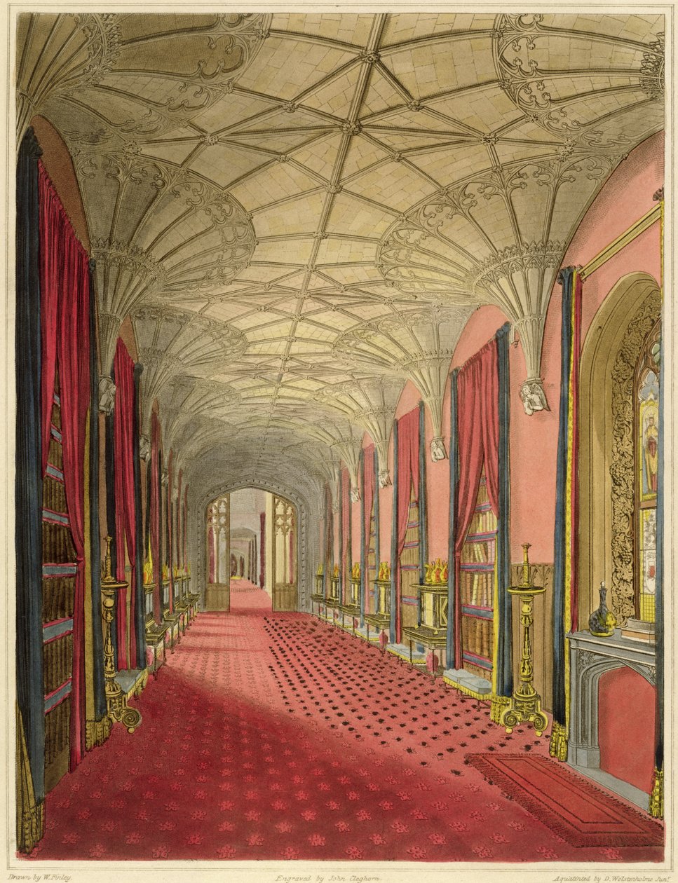 Wnętrze Galerii św. Michała, z „Ilustracja graficzna i literacka opactwa Fonthill”, autorstwa Johna Brittona, akwatinta D. Wolstenholme Juniora, sztychowana przez Johna Cleghorna, 1823 autorstwa W. Finley