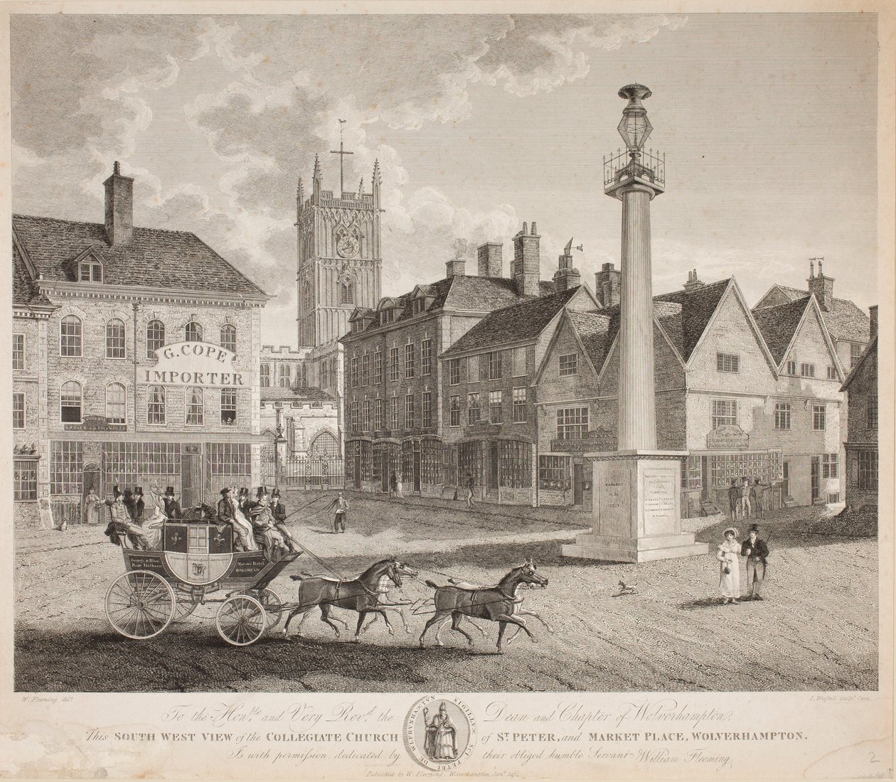 Widok południowo-zachodniej kolegiaty św. Piotra i targowiska, Wolverhampton, 1824 autorstwa W. Fleeming