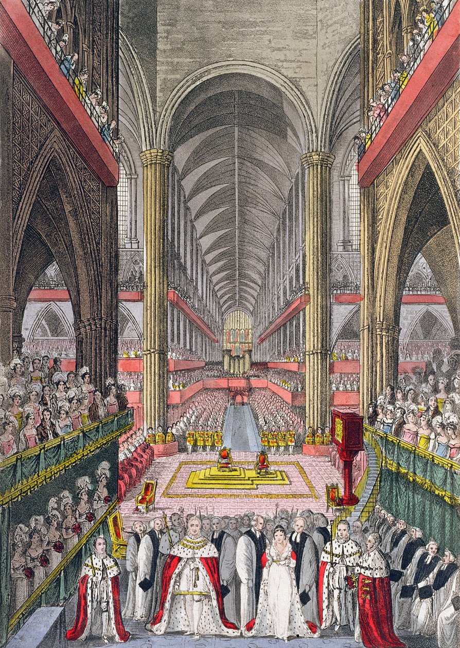 Koronacja Wilhelma IV (1765-1837) i Adelajdy (1792-1849) w opactwie westminsterskim w 1830, 1831 (akwatinta) autorstwa W. Read