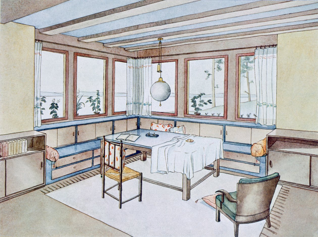 Fragment salonu, z książki Nowoczesne wnętrza w kolorze, wyd. Julius Hoffman, Stuttgart, 1929 autorstwa W. Schneider