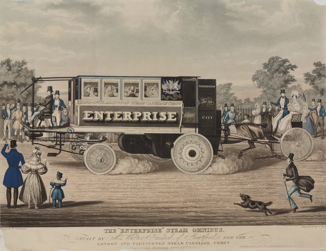 Enterprise Steam Omnibus, zbudowany przez Waltera Hancocka ze Stratford, dla London and Paddington Steam Carriage Company, grawerował C. Hunt, 1833 autorstwa W. Summers