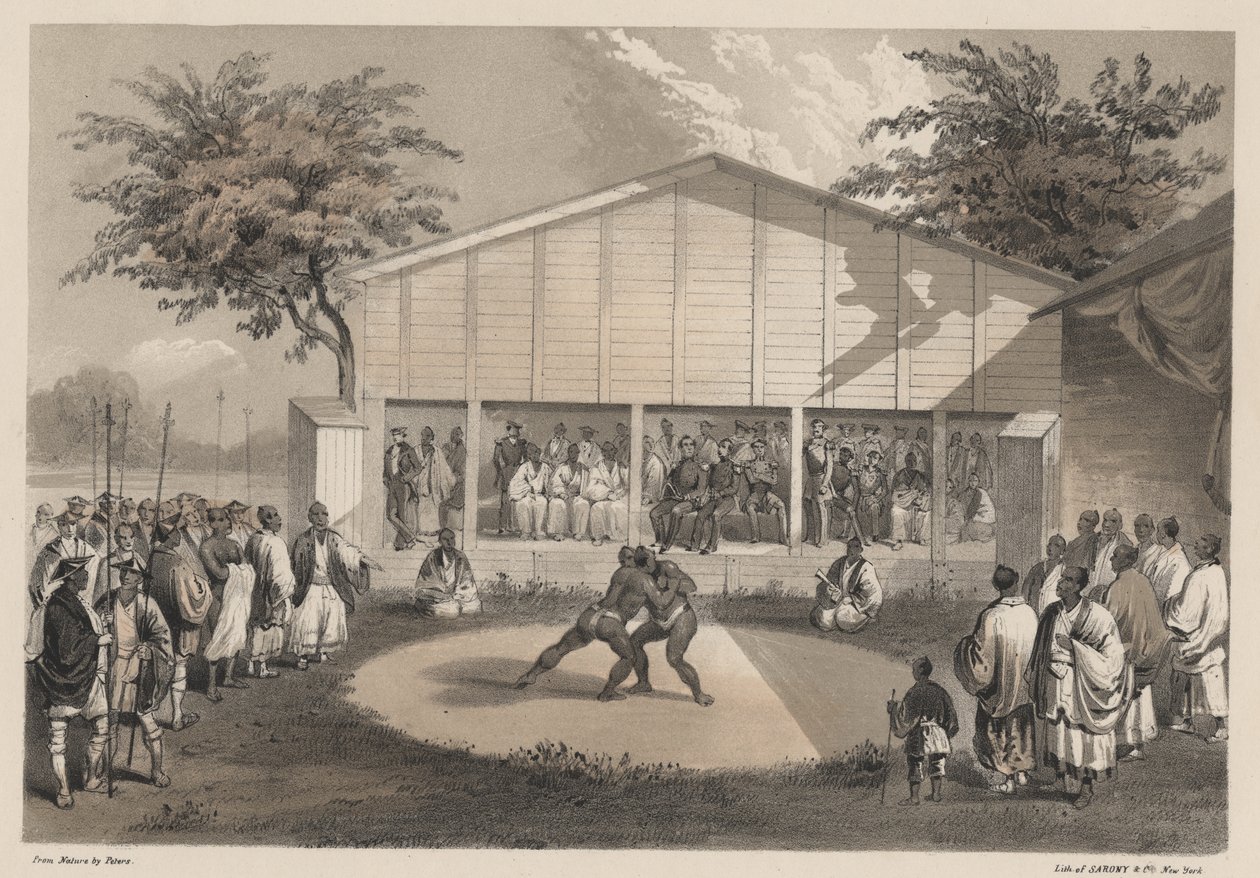 Zapaśnicy w Yokuhamie, członkowie Sarony und Co., 1855 (chromolitho) autorstwa W. T. Peters