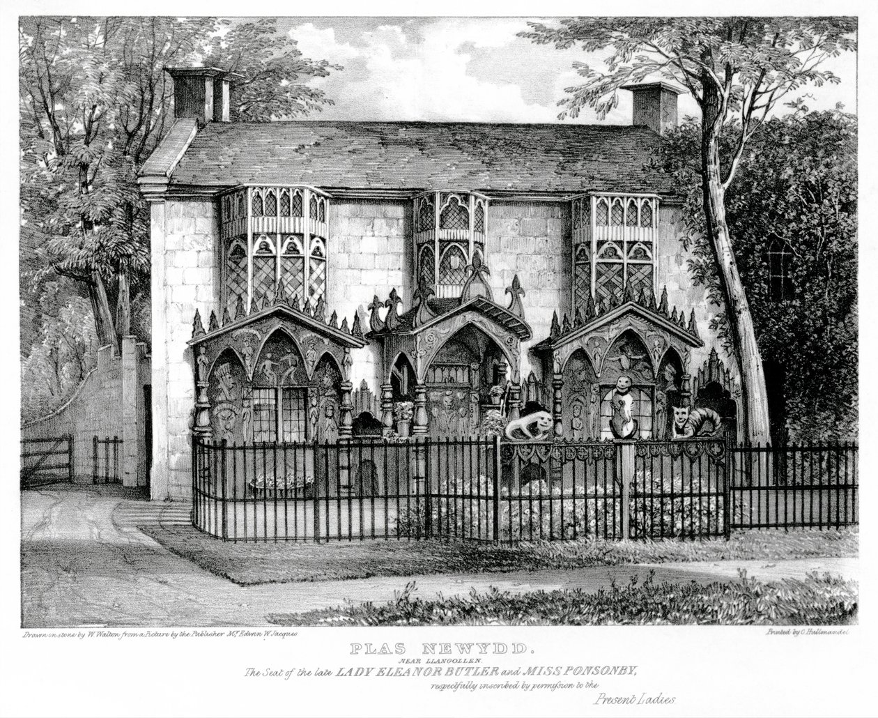 Plas Newydd, niedaleko Llangollen, siedziba pani Eleanor Butler (ok. 1745-1829) i pani Sarah Ponsonby (zm. 1831), wydrukowana przez Charlesa Josepha Hullmandela (1789-1850) autorstwa W. after Walton