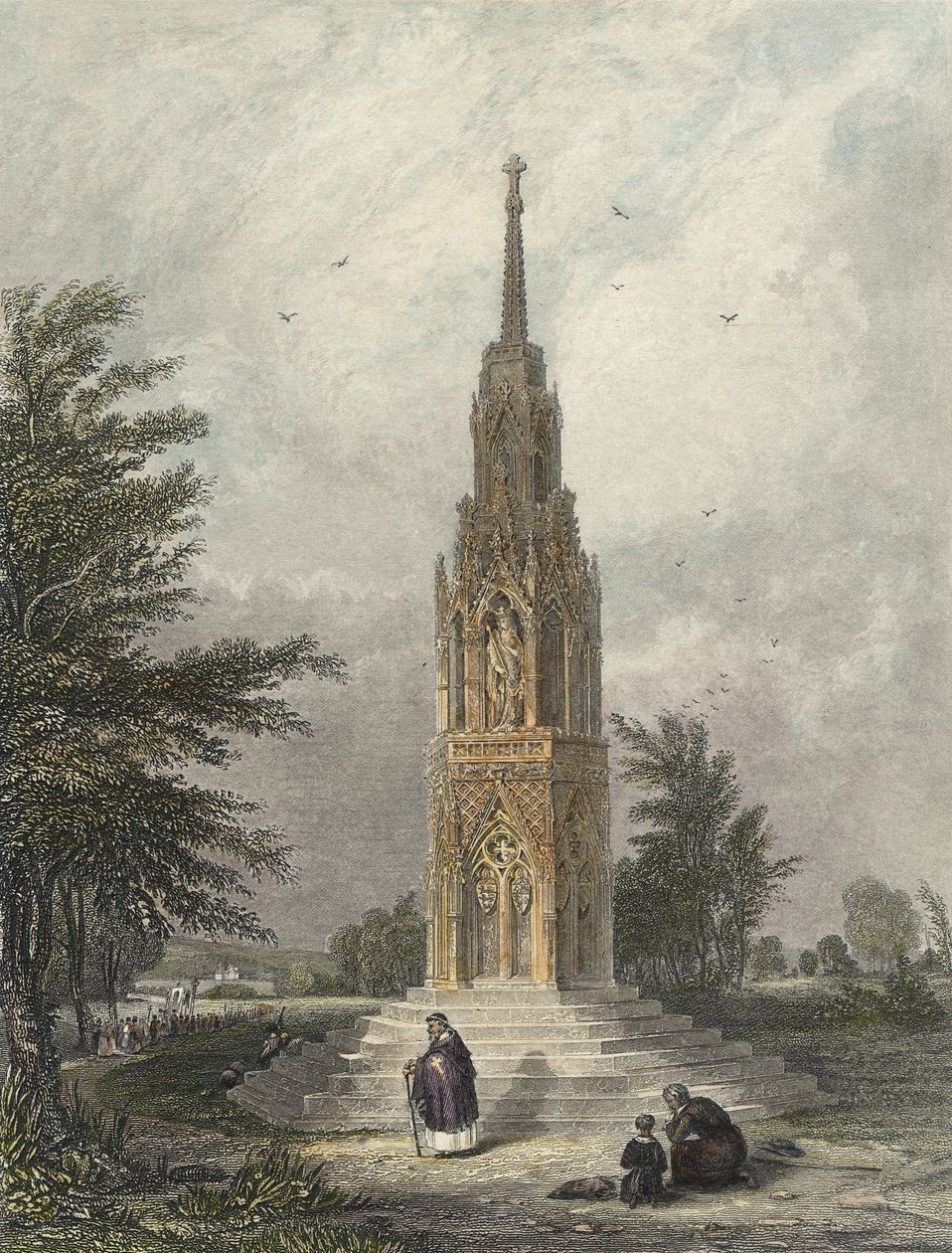 Waltham Cross, c.1820 (ręcznie barwiony grawerunek) autorstwa W.B Clarke