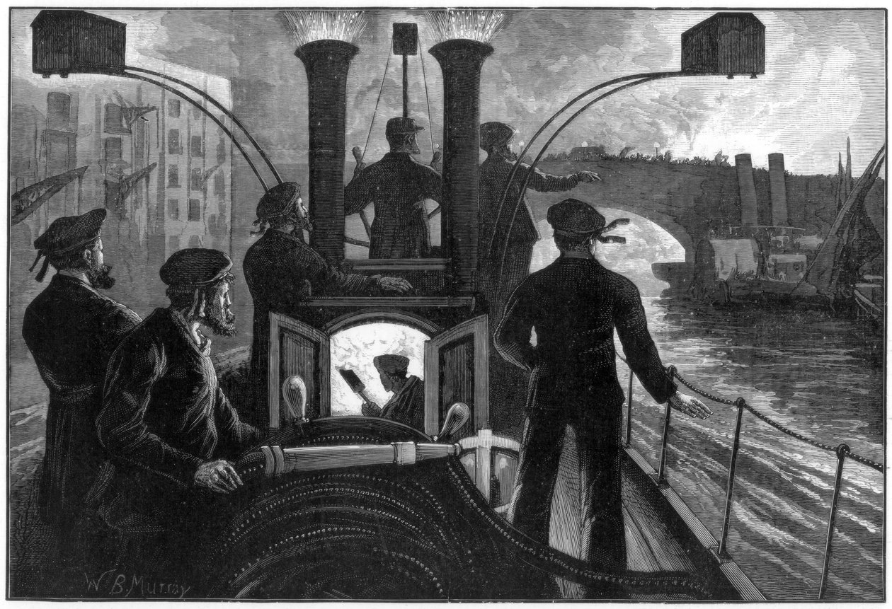 Parowy wóz strażacki jadący na pożar nad rzeką, londyńska straż pożarna, 1890 r. autorstwa WB Murray