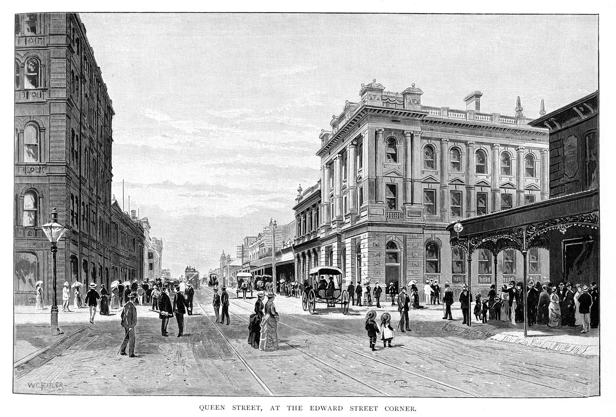 „Queen Street, przy Edward Street Corner”, Brisbane, 1860, 1886 autorstwa WC Fitler