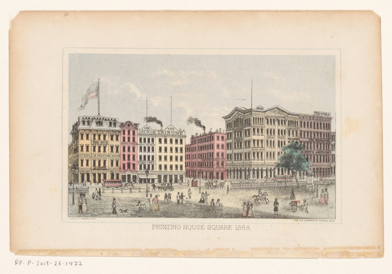 Park Row, Manhattan Plac drukarski 1868 (tytuł na obiekcie) autorstwa W.C. Rogers and Co.