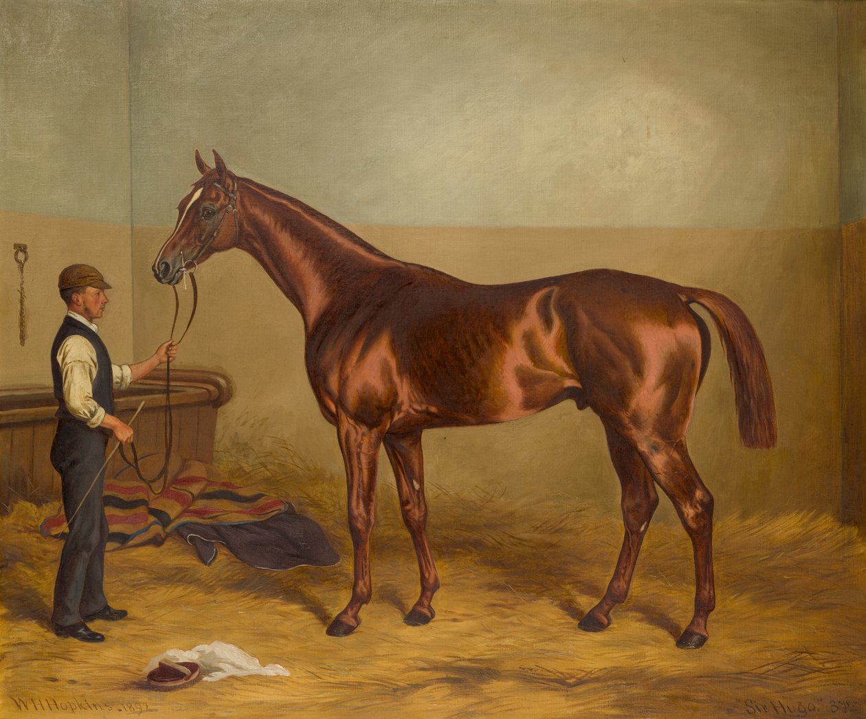 Sir Hugo jako trzylatek trzymany przez Pana Młodego w stajni, ok. 1875-92 (olej na płótnie) autorstwa W.H. Hopkins