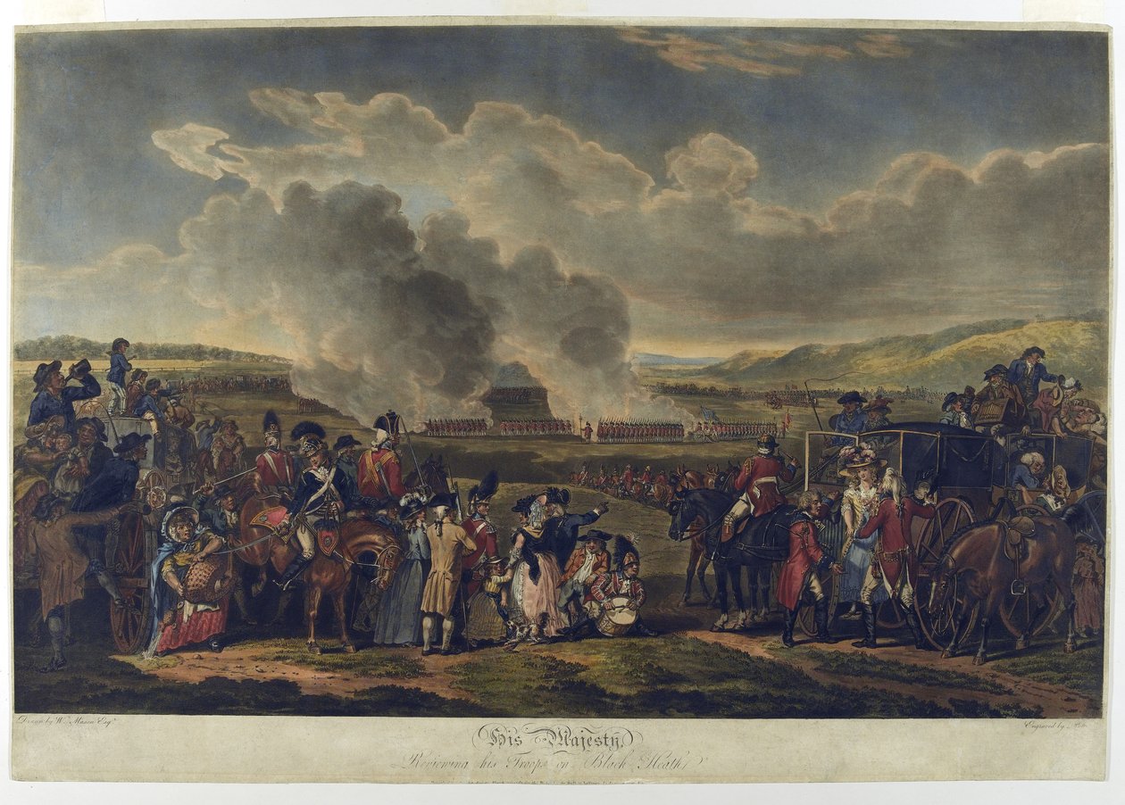 Jego Majesty Reviewing Troops on Blackheath, 1787, sztychowany przez R. Pollarda, drukowany 1797 (akwatinta sztychowana) autorstwa W.H. Mason