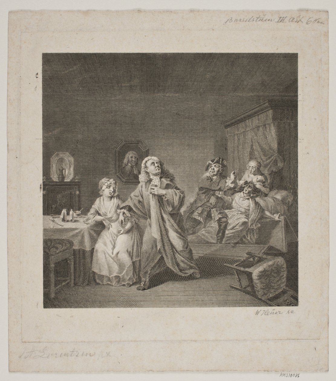 Oddział położniczy III. Akt 6 scena. Grawerowanie według Holberg Gallery Lorenzena. autorstwa WIlhelm Heuer