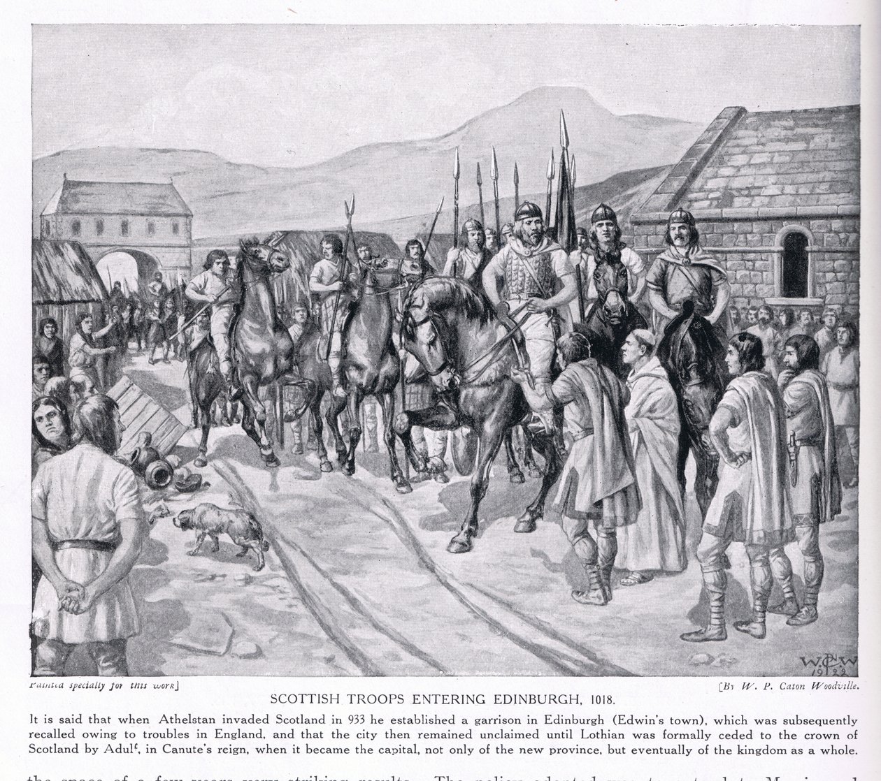 Szkockie wojska wkraczające do Edynburga AD1018 , 1920 autorstwa W.P. Caton Woodville
