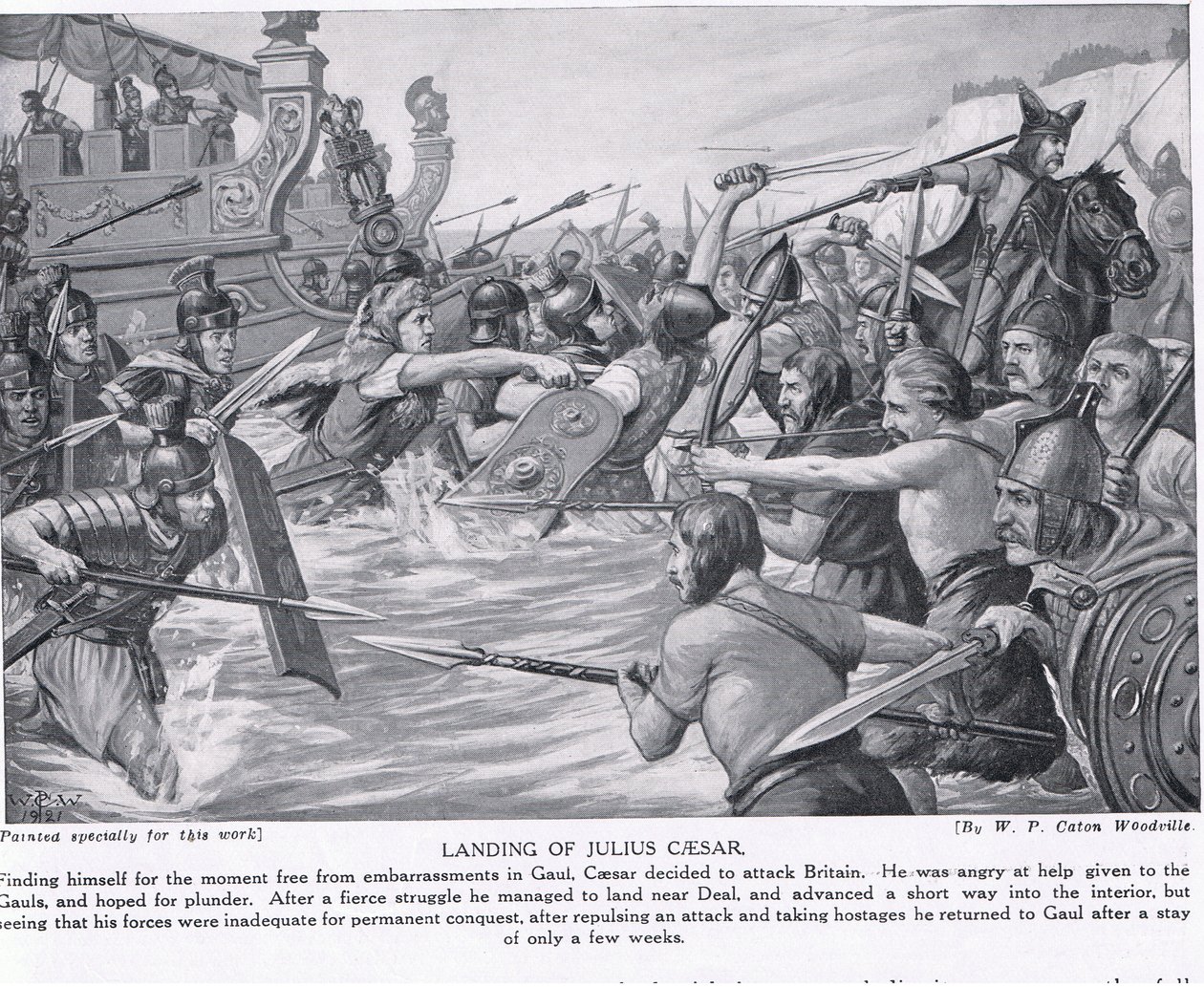 Lądowanie Juliusza Cezara, ilustracja z „Historia narodów Hutchinsona”, c.1910 autorstwa W.P. Caton Woodville