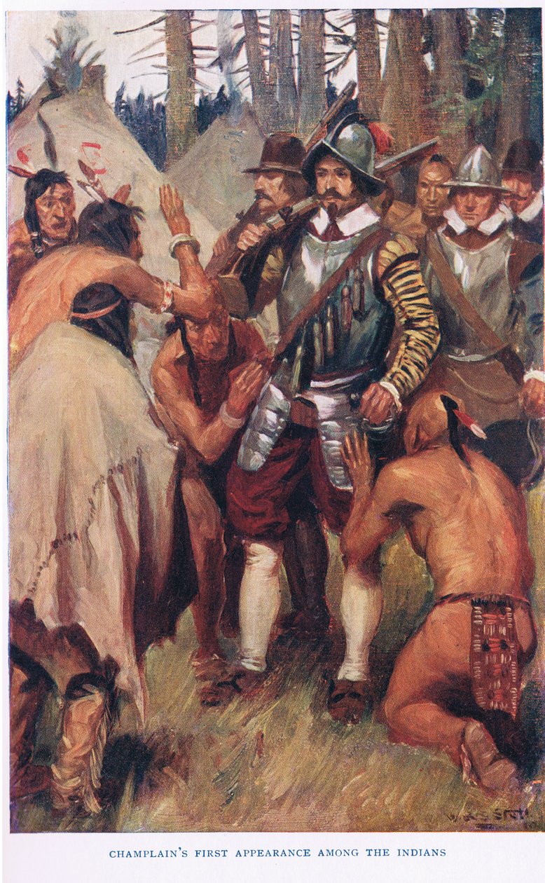 Pierwsze pojawienie się Champlaina wśród Indian, ilustracja z „The Romance of Canada” autorstwa W.R.S. Stott