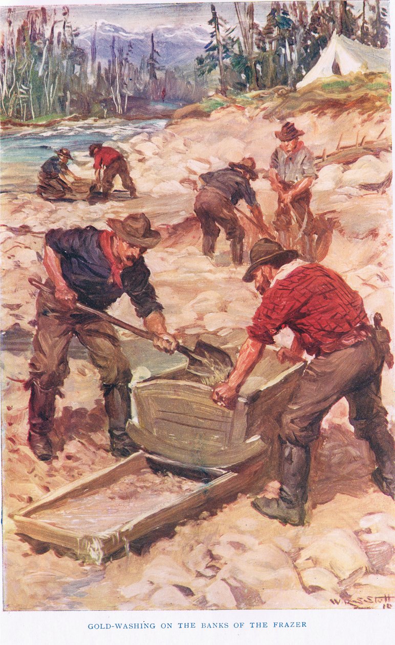 Złote pranie na brzegach Frazera, ilustracja z „The Romance of Canada” (kolor lito) autorstwa W.R.S. Stott