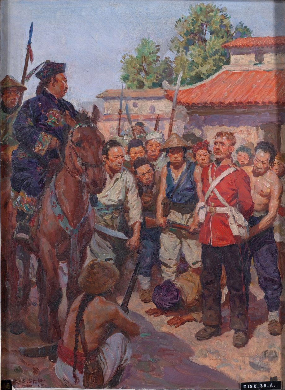 Szeregowy Moyse, 3. pułk piechoty (East Kent, The Buffs), odmawiający holowania przed tatarskim mandarynem Tsan-koo-lin-sin autorstwa W.R.S. Stott