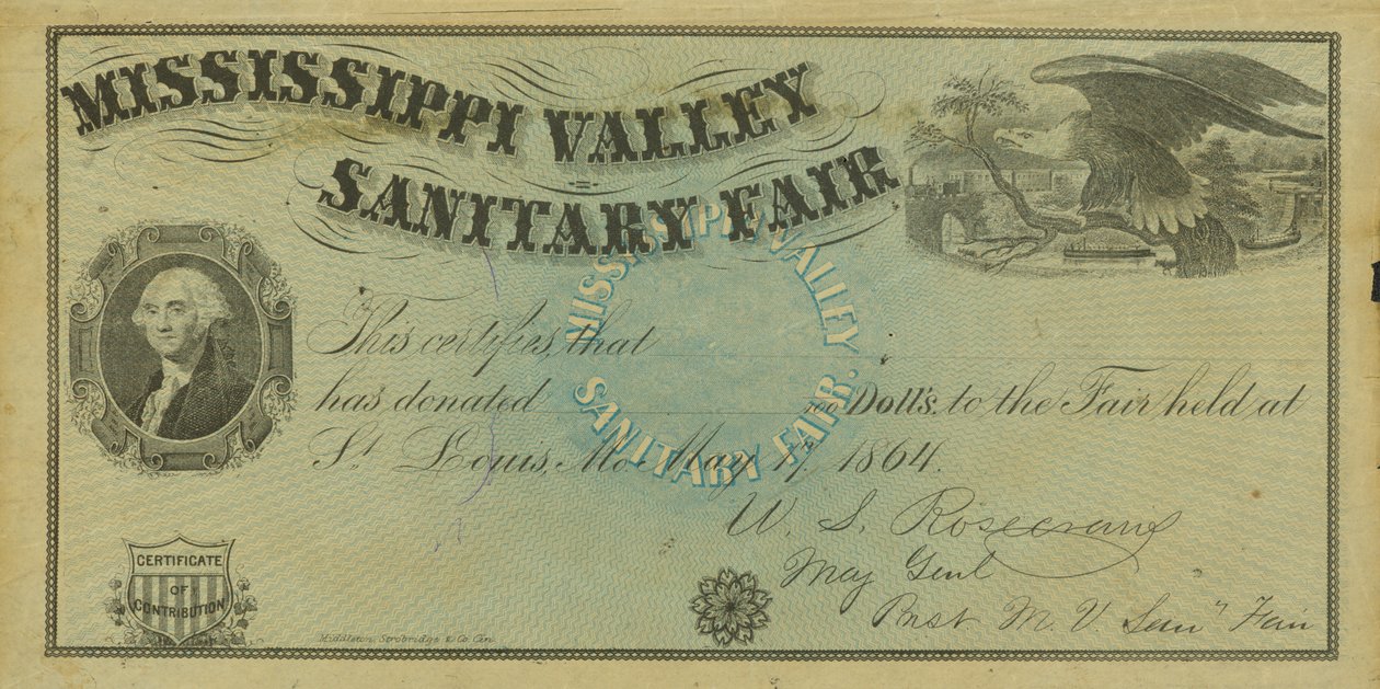 Blank ilustrowany zaświadczenie o darowiznach dokonanych na Targach Sanitarnych Mississippi Valley, 7 maja 1864 r. autorstwa W. A. Rosecrans