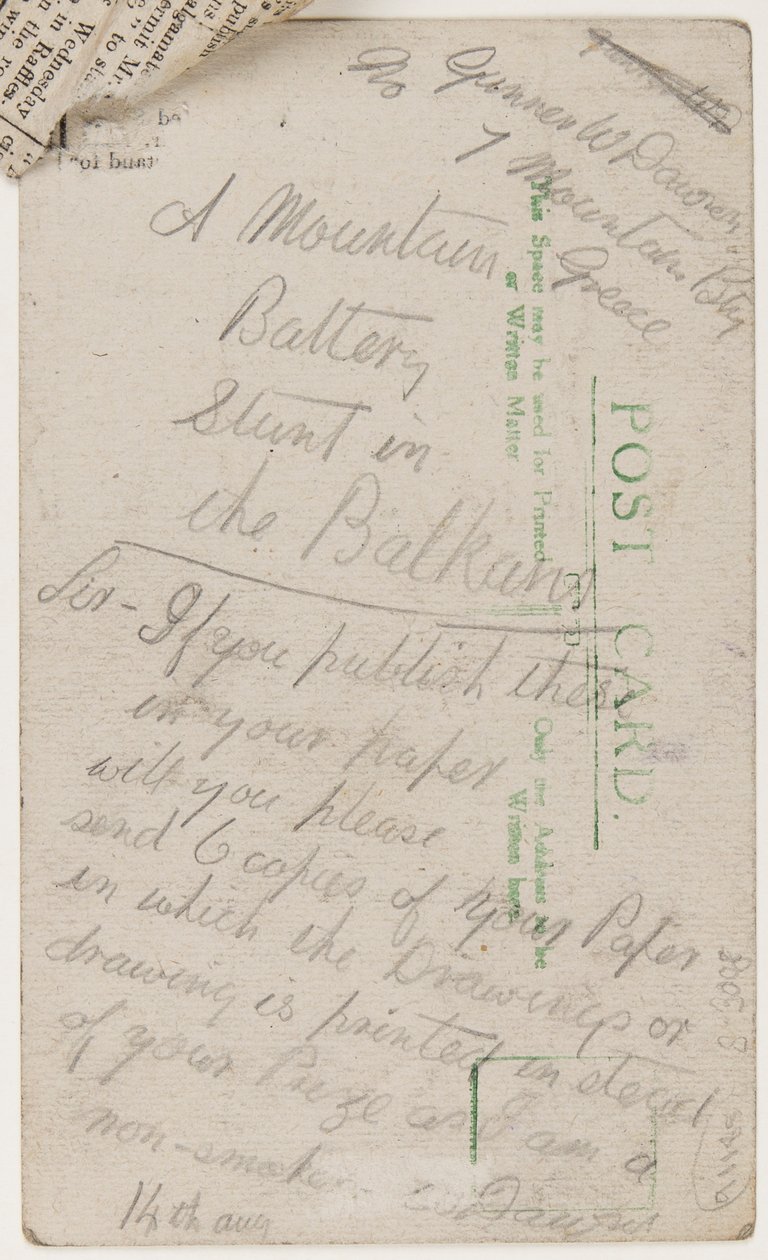 Pocztówka do redakcji Liverpool Weekly Courier, 14 sierpnia 1918 (ołówek na pocztówce) autorstwa W. Dawson