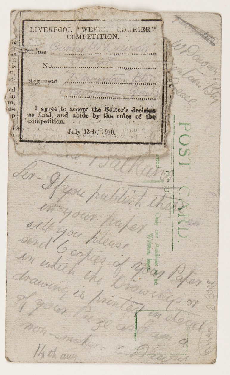 Pocztówka do redakcji Liverpool Weekly Courier, 14 sierpnia 1918 (ołówek na pocztówce) autorstwa W. Dawson
