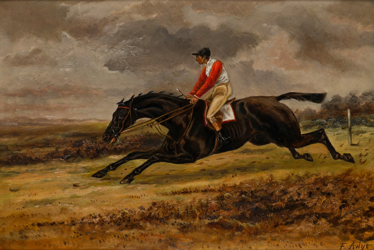 Galopujący koń z dżokejem w górze, w barwach wyścigowych Bradford, ok. 1839-98 (olej na płótnie) autorstwa W. F. Adye