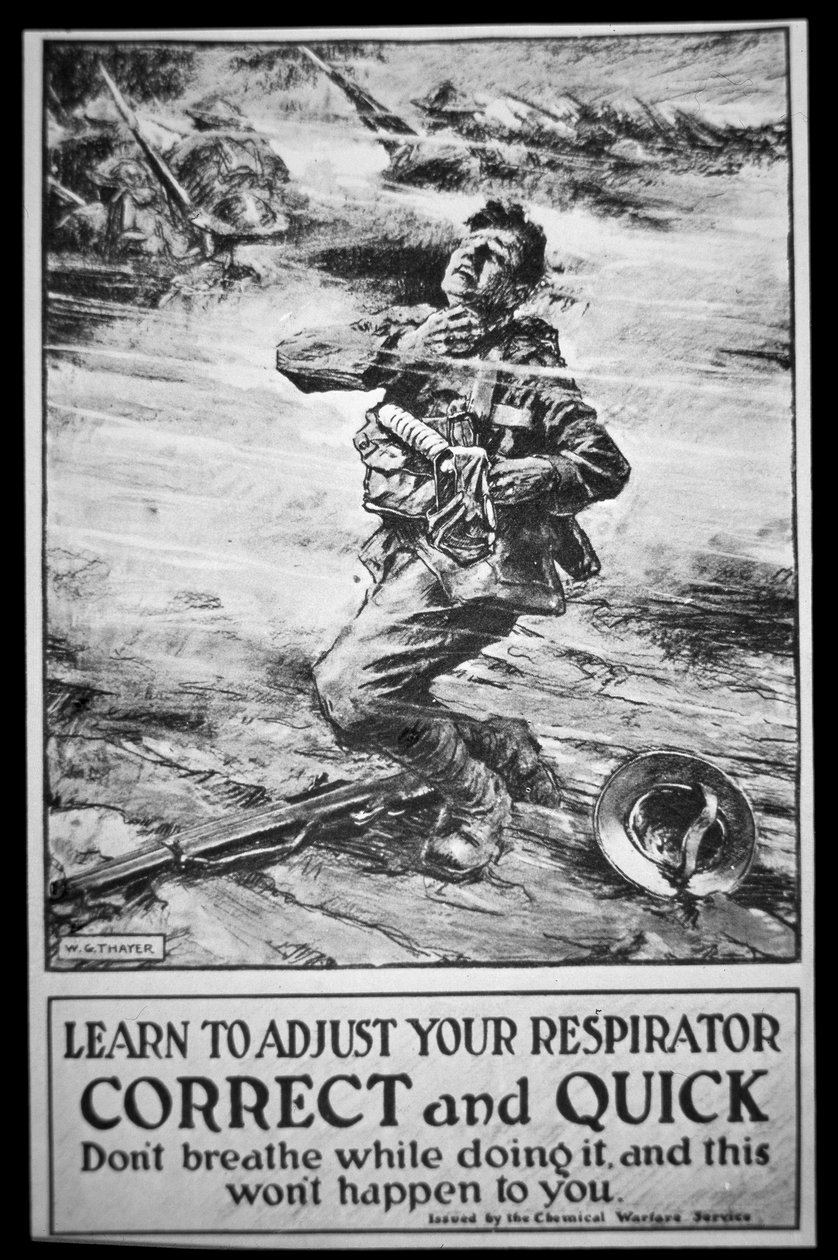 Plakat Armii Amerykańskiej ostrzegający przed atakiem gazowym autorstwa W. G. (after) Thayer