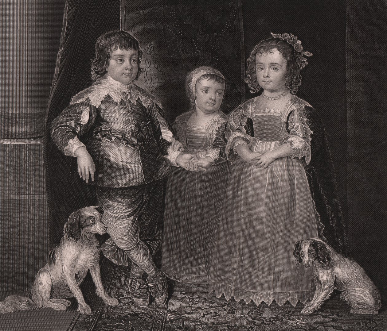 Charles, James i Henrietta, dzieci Karola I Anglii, grawerowanie z Królewskiej Galerii Drezdeńskiej Payne