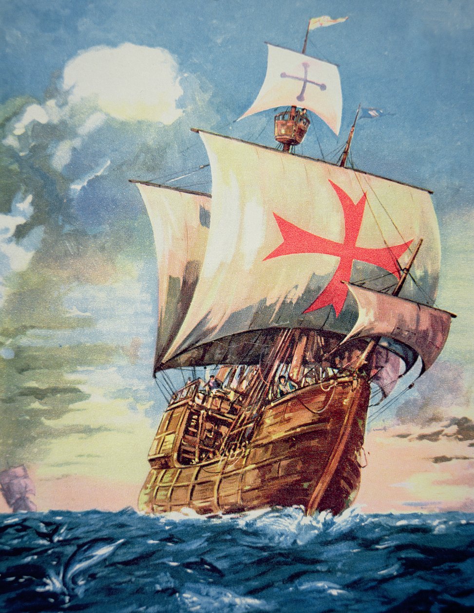 Santa Maria zabierająca Krzysztofa Kolumba do Ameryki w 1492 r. (kolor lito) autorstwa John Ward Dunsmore