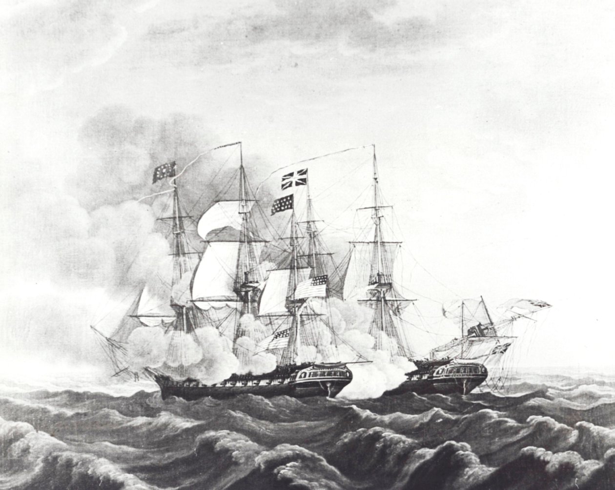 USS Constitution i HMS Guerriere (lito) autorstwa John Ward Dunsmore